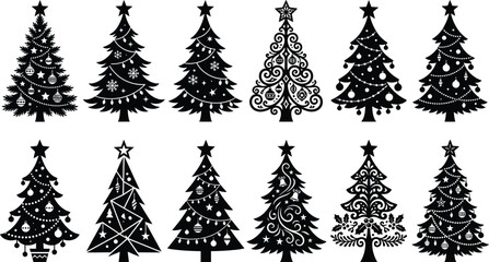 Obraz premium 12 Premium Christmas Tree Silhouette Collection, Elegant Festive Evergreen Vector Designs with Decorative Ornaments, Clean Isolated Black Icons, No Background Clutter, Christmas