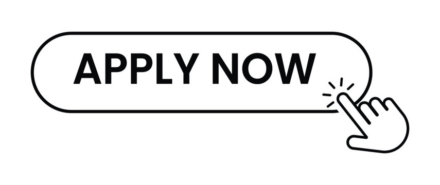 Minimalist Apply Now Button Icon with Hand Cursor Click, Black and White Rounded Call to Action Button, Job Application CTA UI Element, Click Here Web Interface Vector Illustration.