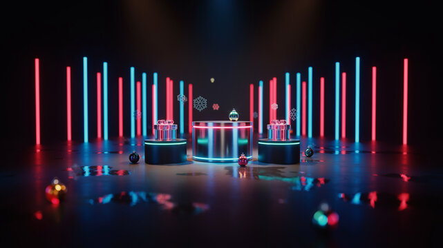 Futuristic neon gaming studio with red and blue light bars, high-tech esports broadcast stage, virtual reality arena for live streaming events