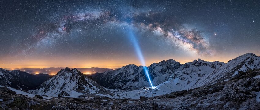 Milky way galaxy arc over snowy mountain range at night with mountains, universe