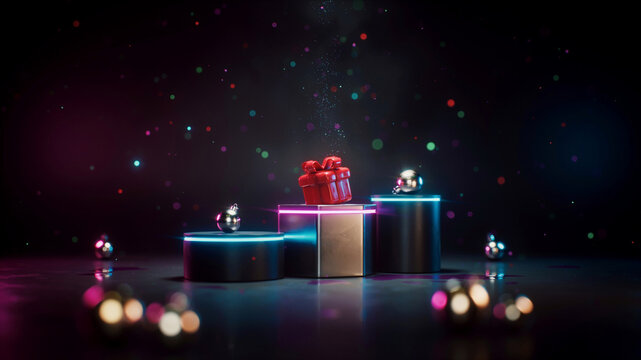 Colorful glowing gift boxes on dark stage with bokeh lights and festive mood