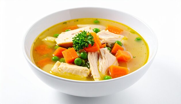 Healthy Chicken Soup with Vegetables Carrots and Peas in White Bowl