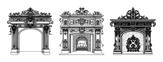 Fototapeta premium Fireplace mantels set with ornate Victorian line art of a grand fireplace featuring decorative flourishes, detailed engraving, white background with line art and Victorian