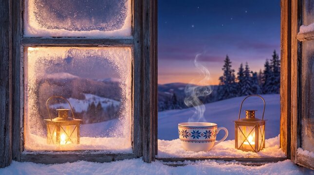 Warm steaming tea cup and lanterns on frosty window sill in winter with coziness