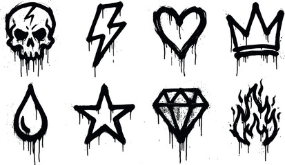 Graffiti Style Spray Paint Vector Icon Set with Dripping Black Ink Skull, Heart, Crown, Lightning, Star, Diamond, and Flame Symbols for Urban Streetwear Apparel Designs © Hachhada