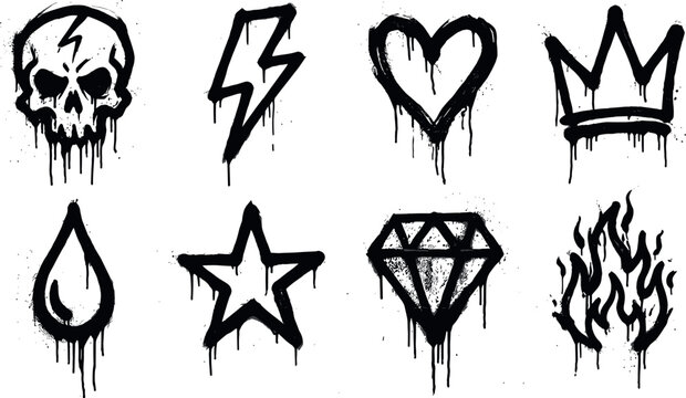 Graffiti Style Spray Paint Vector Icon Set with Dripping Black Ink Skull, Heart, Crown, Lightning, Star, Diamond, and Flame Symbols for Urban Streetwear Apparel Designs