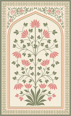 Traditional Mughal flower motif wall panel with hand drawn Indian floral design. © Design 35
