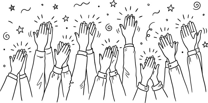 Hand Drawn Crowd Clapping Hands Vector Illustration with Confetti, Stars, and Applause Line Art Elements for Celebration, Success, and Event Concepts