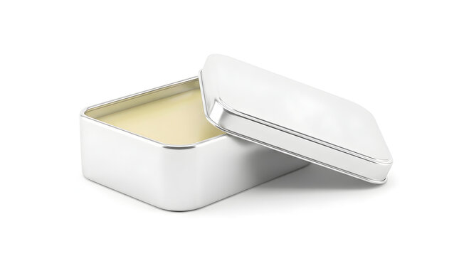 Open silver tin container with yellow cream