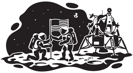 Vector illustration of astronauts planting a flag on the moon surface next to a lunar lander module © mbg