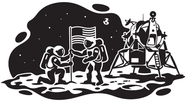 Vector illustration of astronauts planting a flag on the moon surface next to a lunar lander module