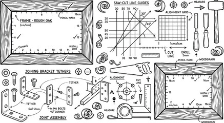 Obraz premium Woodworking Carpentry Blueprint Illustration with Frame Diagram, Tools, and Joint Assembly Instructions