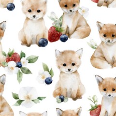 Fototapeta premium Foxes with berries and wildflowers seamless pattern, playful woodland theme, charming nature decor, whimsical illustration, cheerful design.