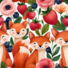Fototapeta premium Foxes with berries and wildflowers seamless pattern, playful woodland theme, charming nature decor, whimsical illustration, cheerful design.