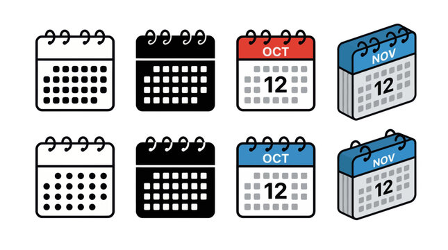 Set of eight diverse calendar icons featuring flat line art and isometric styles showing various date formats and monthly layouts for professional scheduling usage