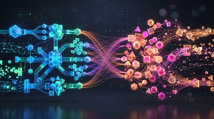 Obraz premium Abstract geometric data flow with neon light trails. Futuristic digital network connection with glowing particle effects