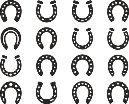 白い背景に孤立した16種類の白黒の蹄鉄のコレクション