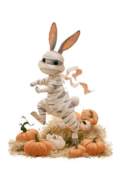 Cute bunny mummy with pumpkins on hay isolated on transparent background