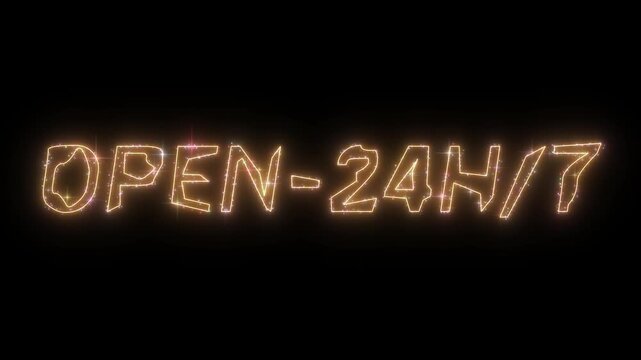 Open 24 hour text neon glow effect animation on black background.
