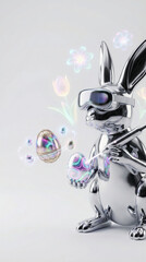 Fototapeta premium Chrome rabbit in VR headset creating glowing eggs