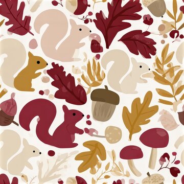 Cute squirrel seamless pattern with acorns and leaves, woodland autumn theme, playful nursery decor, charming wildlife illustration.