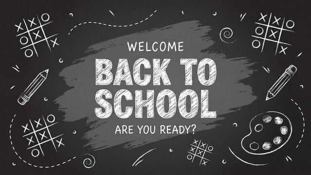 Back to school chalkboard banner with hand drawn chalk doodles, welcome back to school message on black blackboard, educational background with pencils 4K