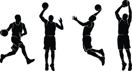 Basketball Player Silhouette Collection Featuring Dribbling Shooting Jumping and Dunk Action Poses Black Vector Set © uzzala