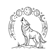 Obraz premium Howling wolf under celestial moon and stars illustration.