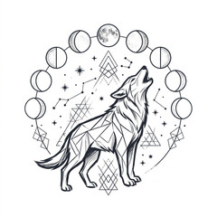 Fototapeta premium Howling wolf surrounded by moons and stars illustration.