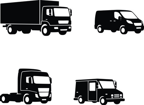 Commercial Delivery Vehicle Silhouette Collection Featuring Box Truck Cargo Van Tractor Unit and Step Van Vector Set