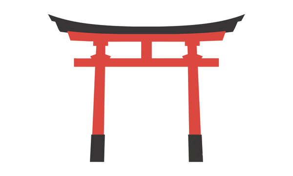 Symmetrical vermillion torii gate icon with bold flat colors and clean lines isolated on white background minimalist japanese architectural concept