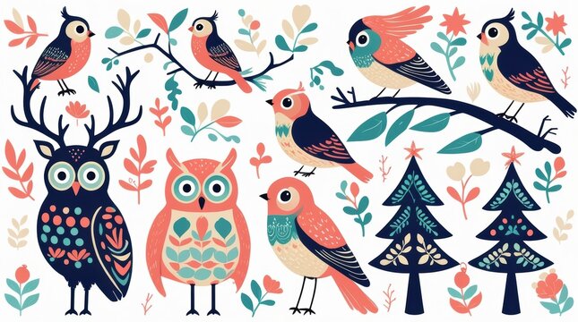 Cute decorative owls and birds with forest trees and flowers vector set