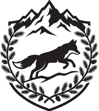 Black wolf, mountain, shield emblem, crest, logo, vector