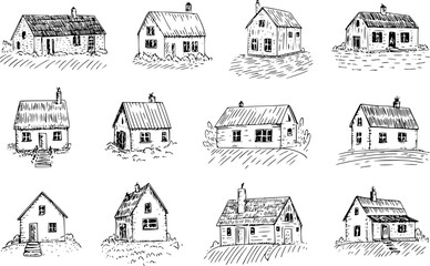 黒インクで描かれた12種類の様々な小さな田舎の家やコテージの手描きコレクション © Abdullah_43