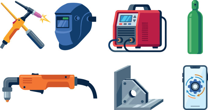 Industrial Welding and Metal Fabrication Icon Set with TIG Torch, Protective Mask, Inverter Machine, Gas Tank, Plasma Cutter, Magnetic Square, and Smart Phone Control App