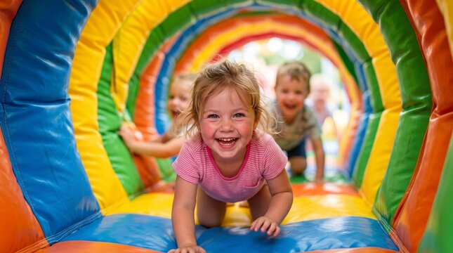 Joyful play Happy toddlers crawling through a bright colorful rainbow tunnel at an indoor playground