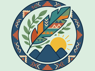 Fototapeta premium Tribal ethnic illustration of a patterned feather with mountain peaks and rising sun inside a circular geometric border