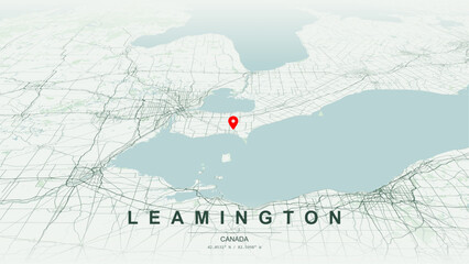Minimalist vector map of Leamington, Ontario. High-quality scalable illustration of Leamington geographic boundaries, Lake Erie,  Point Pelee National Park peninsula networks for posters design. © AliRza