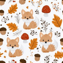Fototapeta premium Cute fox seamless pattern with autumn leaves and berries, woodland nursery theme, playful forest decor, charming wildlife illustration.