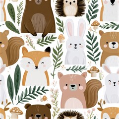 Fototapeta premium Woodland animals seamless pattern with fox squirrel bear and owl, forest nursery theme, playful nature decor, charming illustration.