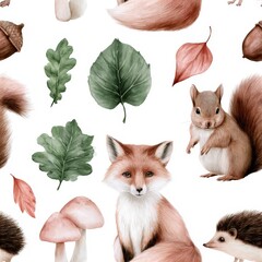 Fototapeta premium Autumn fox seamless pattern with woodland foliage, playful forest theme, charming wildlife decor, colorful nursery illustration.