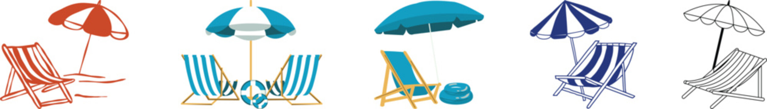 Beach chair and umbrella icon set summer vacation and relaxation concept vector illustration of beach chair and umbrella. sunbed and umbrella, sea, icon for vacationers, vector. hand-drawn sketch.
