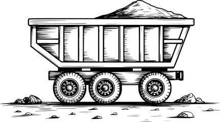 砂利を積んだ大型の工業用ダンプカーの詳細な白黒の線画 © Abdullah_43