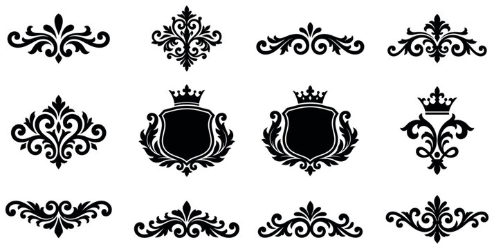 Decorative scroll elements and royal heraldic shield frames for elegant print projects.