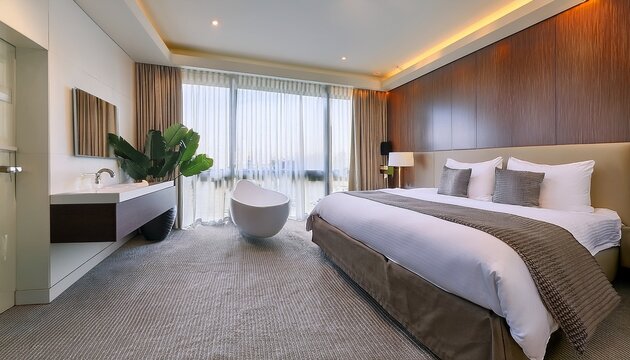 hotel room with freshly sanitized linens spotless surfaces and pristine bathroom showcasing cleanliness and hygiene luxury hotel