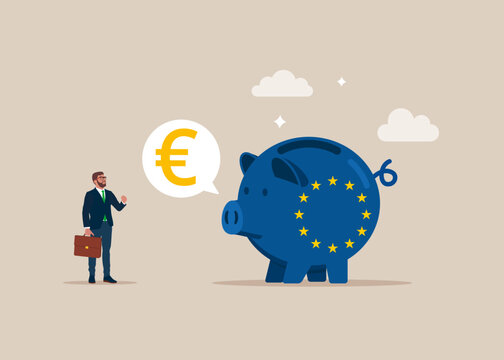 European Union Flag Piggy Bank with Euro Symbol Speech Bubble. Flat vector illustration