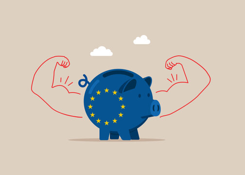 European Union Flag  Piggy bank doing strong gesture. Money power. High esteem. Savings. Finance and industry.  Modern vector illustration in flat style