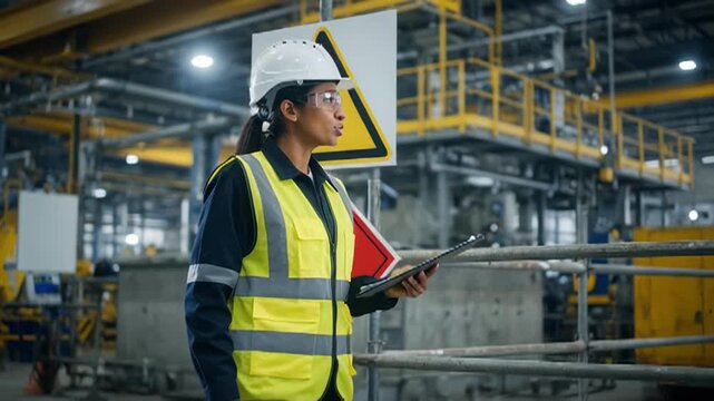 Female engineer inspects industrial facility with safety signs and equipment