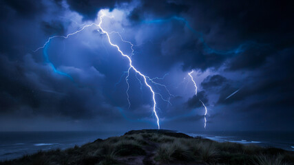 Fototapeta premium Dramatic lightning strike over coastal hills at night, powerful electrical storm with thunder clouds, dark blue stormy sky above the ocean