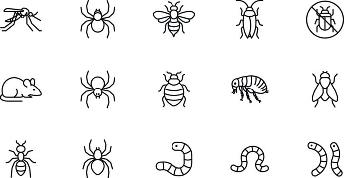 Pest control insect line icons collection, mosquito spider tick vector illustration isolated editable warning symbol set